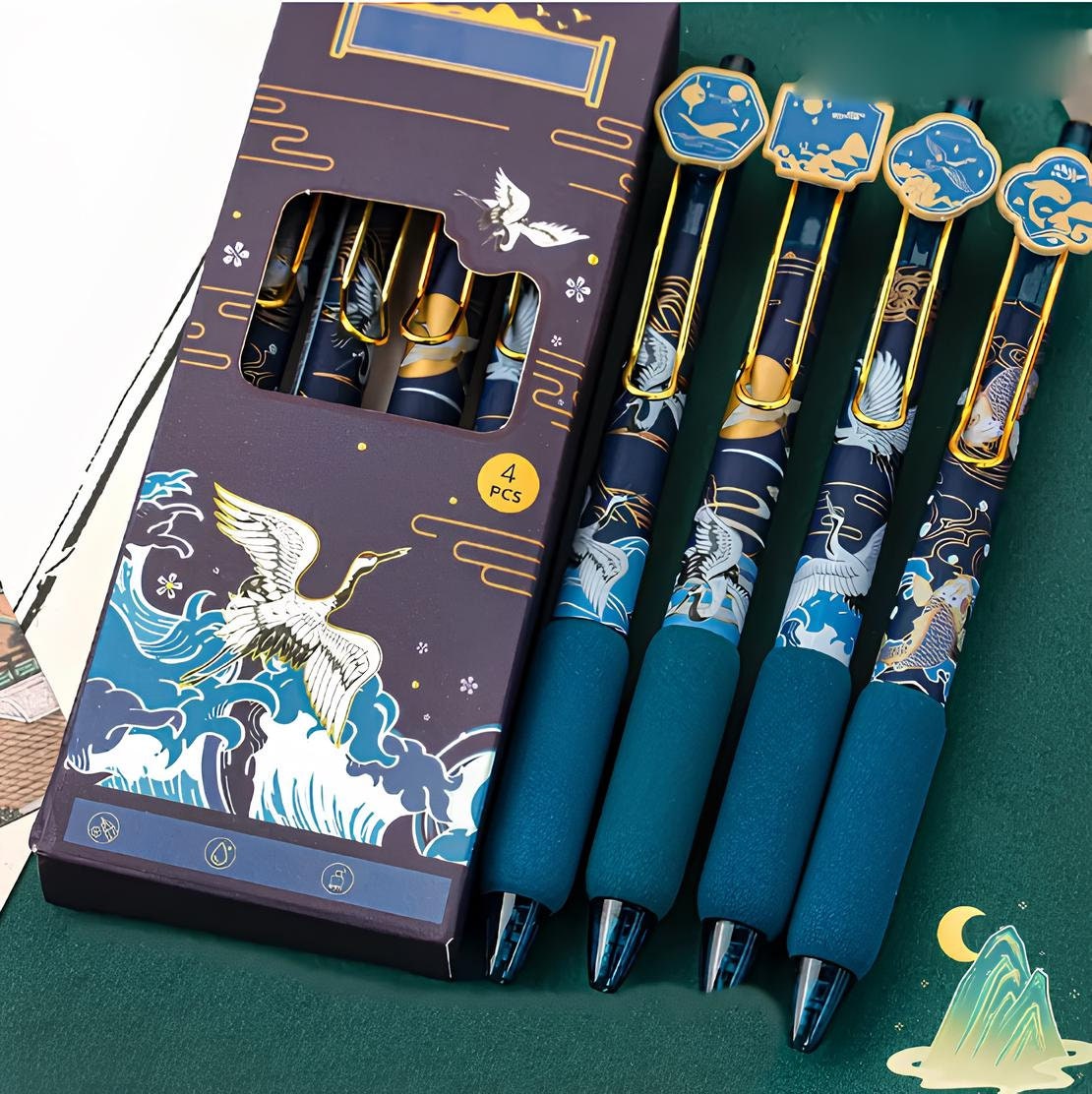 Chinese-inspired gel pens, 4pcs, 0.5mm Fine point